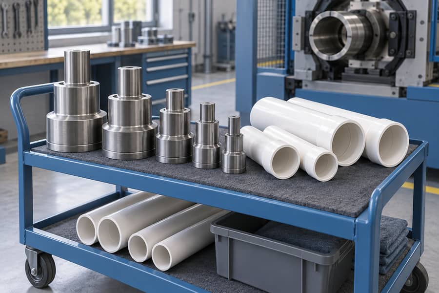 Illustration of PVC pipe samples and belling mandrels prepared for a size changeover