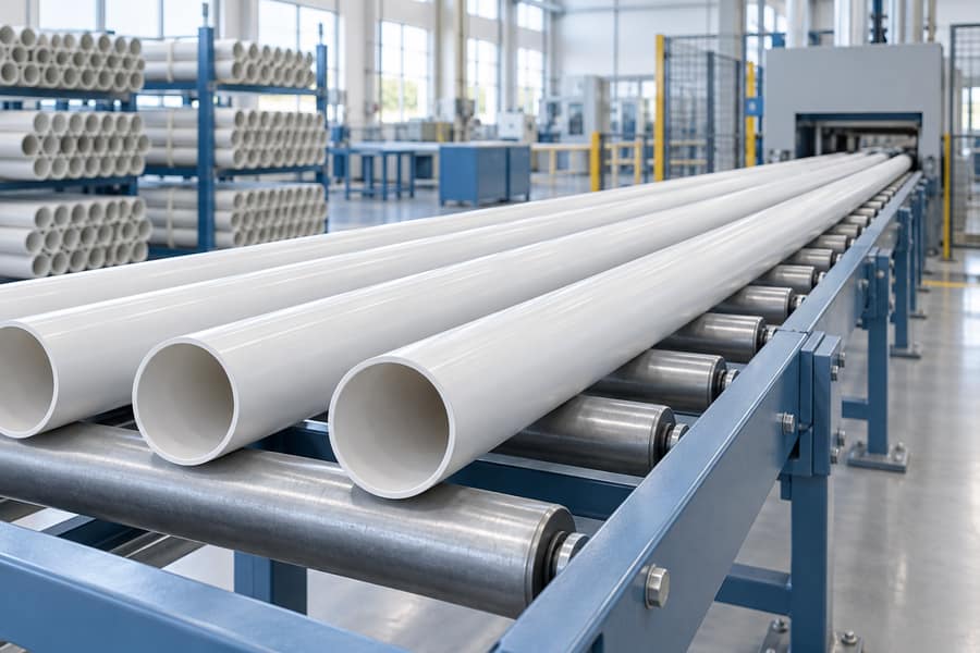 Illustration of plastic pipes moving along a production conveyor